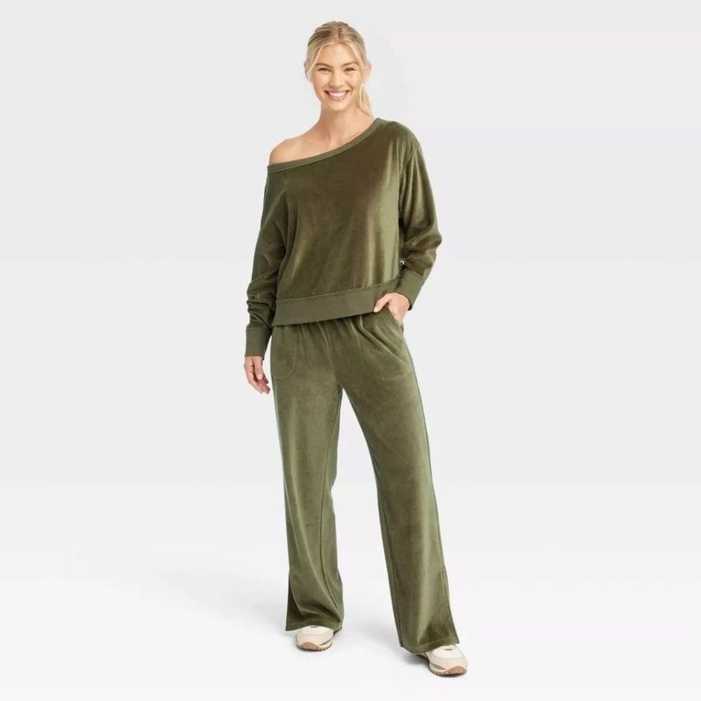 JL Joy Lab Velour Olive Green LRM001 Sweatsuit Top (L) Bottoms (M)